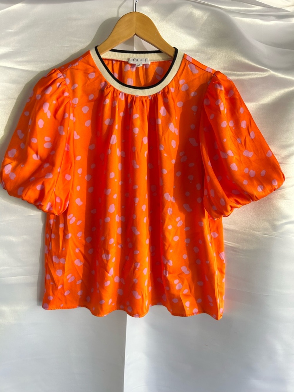 THML Clemson Orange Puff-Sleeve Blouse with Lavender Spot Print | Size Medium
